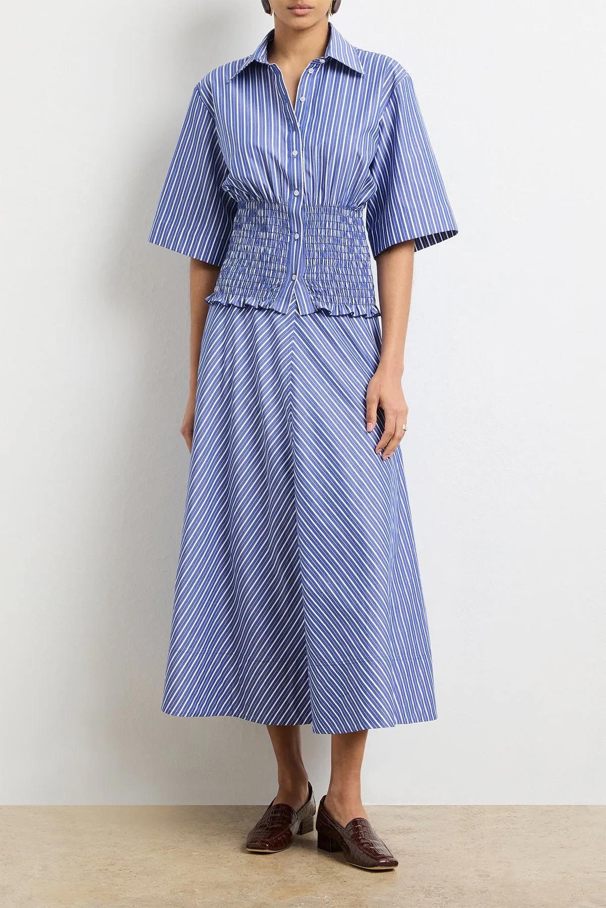 The Harte Smocked Button Up Top in Navy Striped Cotton sold by Brandon Maxwell product image thumbnail 3