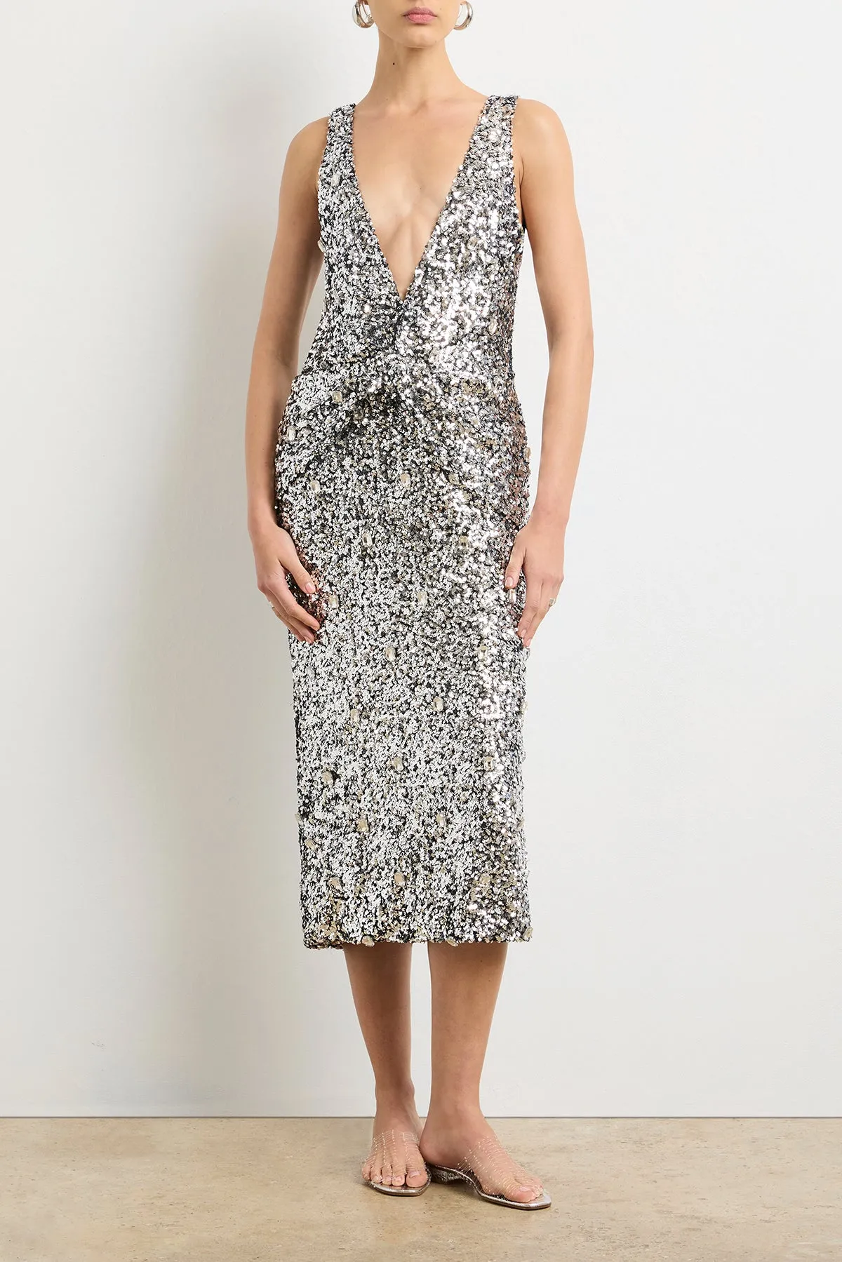 The Santha Dress in Silver Sequin sold by Brandon Maxwell