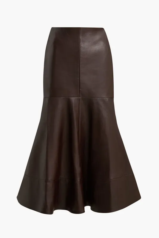 The Preston Leather Skirt with Flared Hem in Chocolate Brown made by Brandon Maxwell