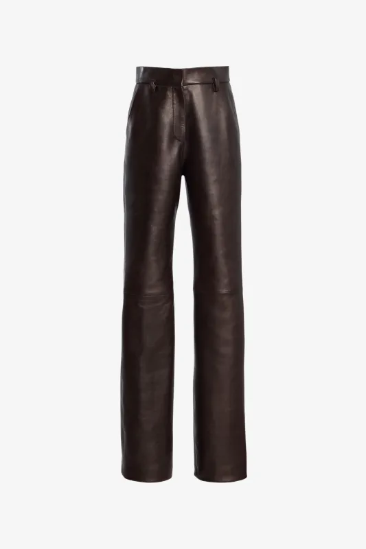 The Kaia Leather Straight Leg Trouser in Chocolate Brown sold by Brandon Maxwell