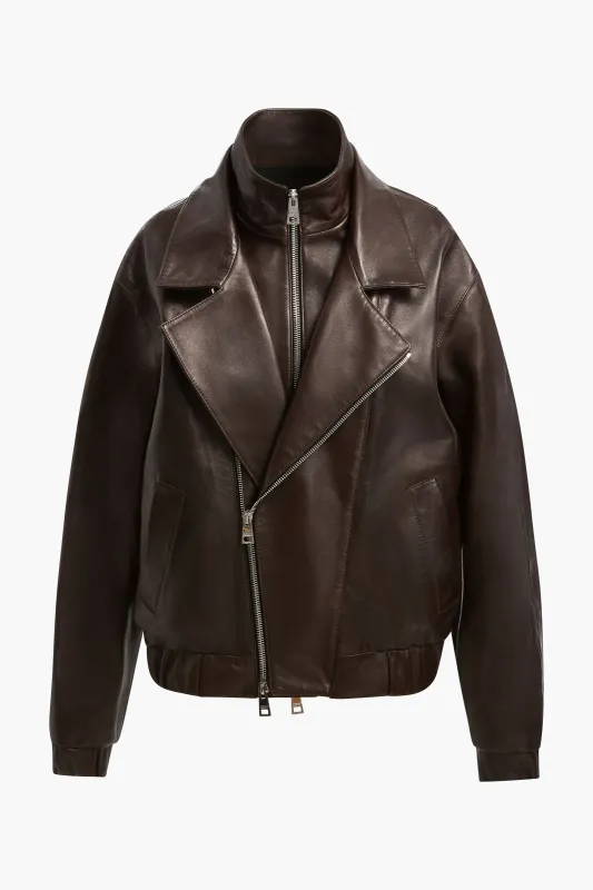 The Emmett Double Zip Leather Moto Jacket in Chocolate Brown sold by Brandon Maxwell