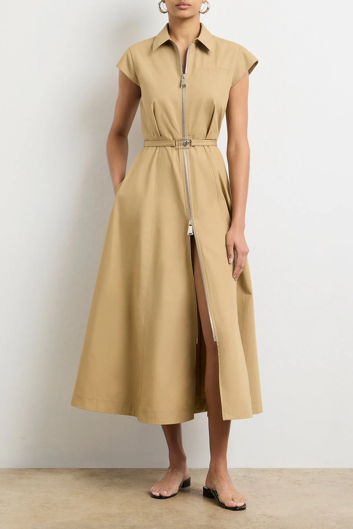 The Exclusive Jace Short Sleeve Collared Dress in Khaki sold by Brandon Maxwell