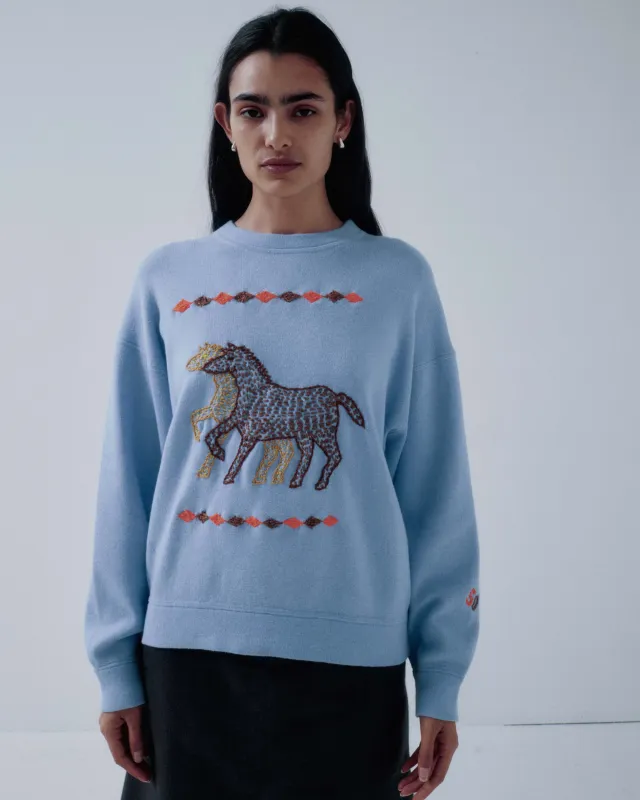 OTAKARA NYC x SAYAKA DAVIS Fire Horse Knit Sweatshirt in Heather Sky made by Sayaka Davis