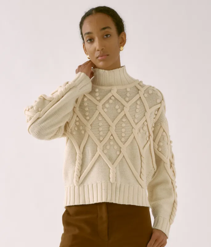 Pom-Pom Cable Sweater in Ivory made by Sayaka Davis