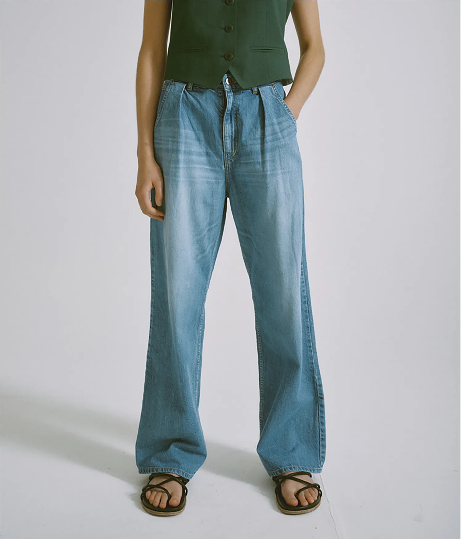 LIGHT WEIGHT TUCKED WIDE-LEG DENIM IN LIGHT BLUE sold by Sayaka Davis