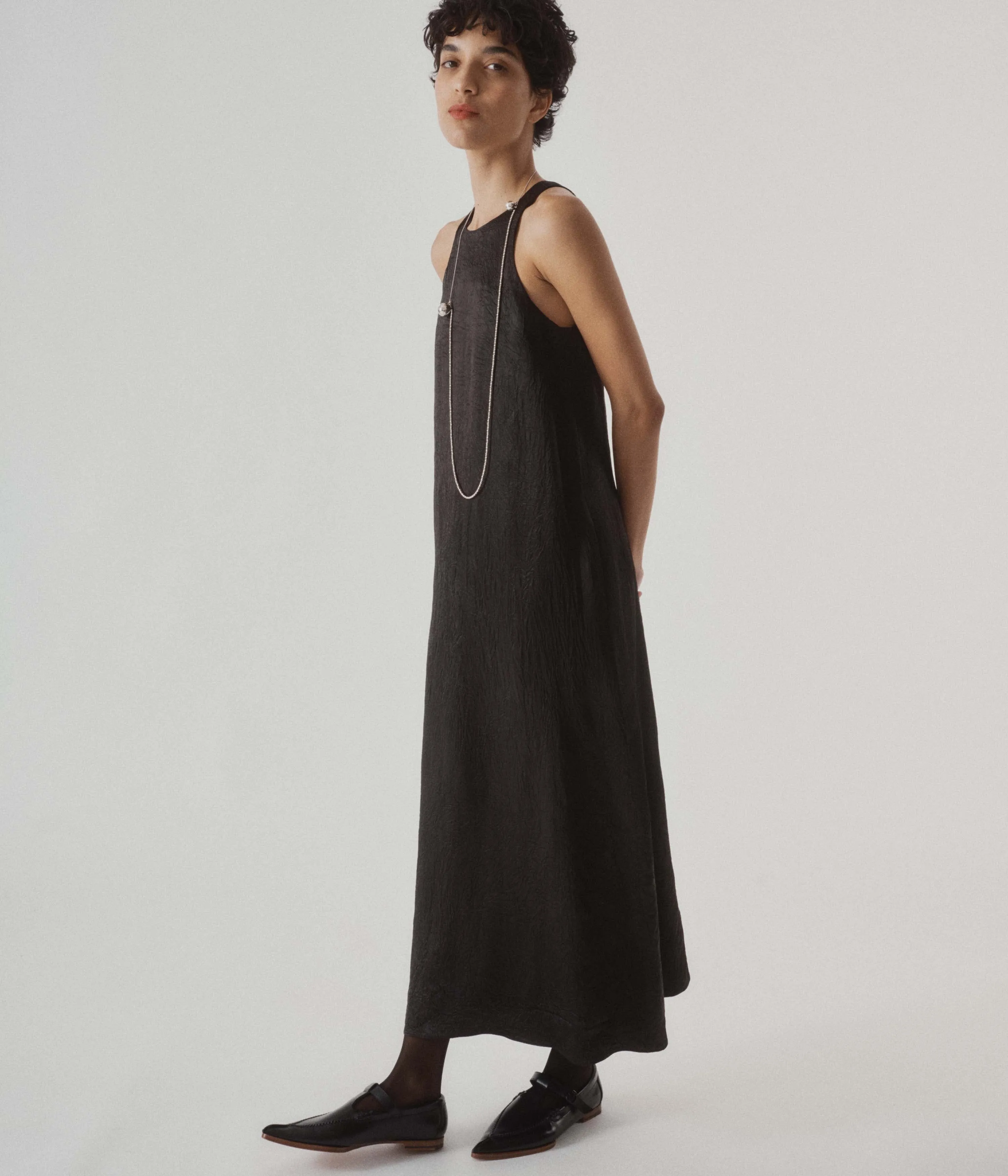 CRINKLED SATIN TANK DRESS IN BLACK sold by Sayaka Davis
