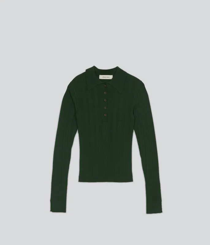 RIBBED KNIT POLO IN PINE sold by Sayaka Davis