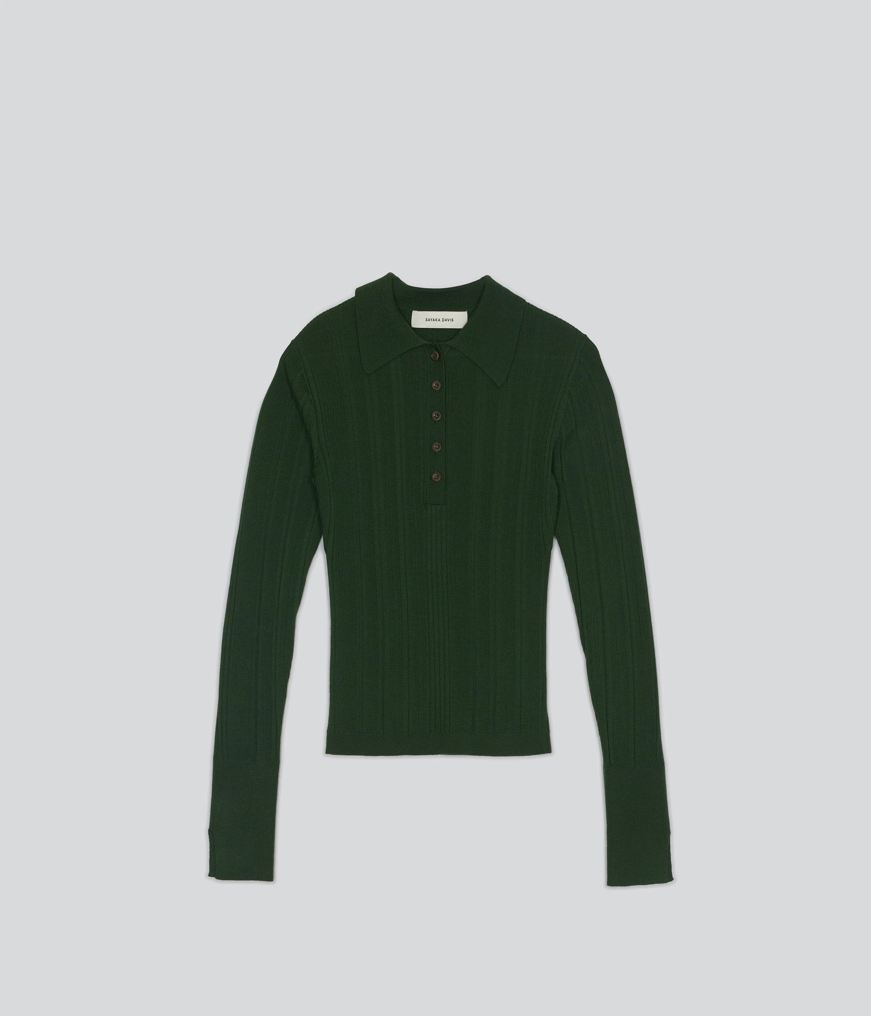 RIBBED KNIT POLO IN PINE sold by Sayaka Davis