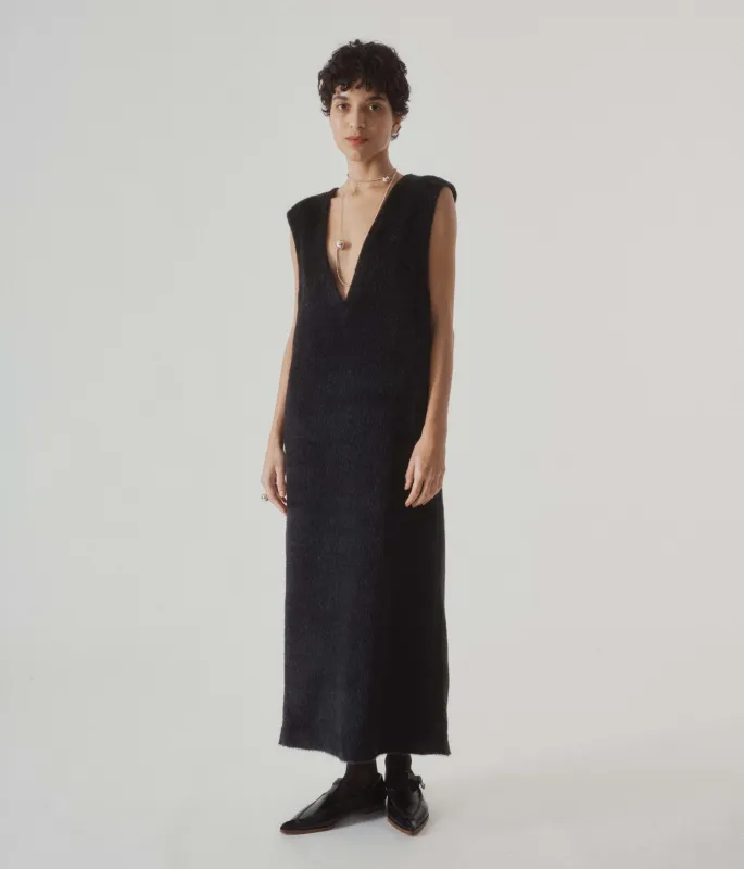 Eco Fur Deep V Dress in Black made by Sayaka Davis