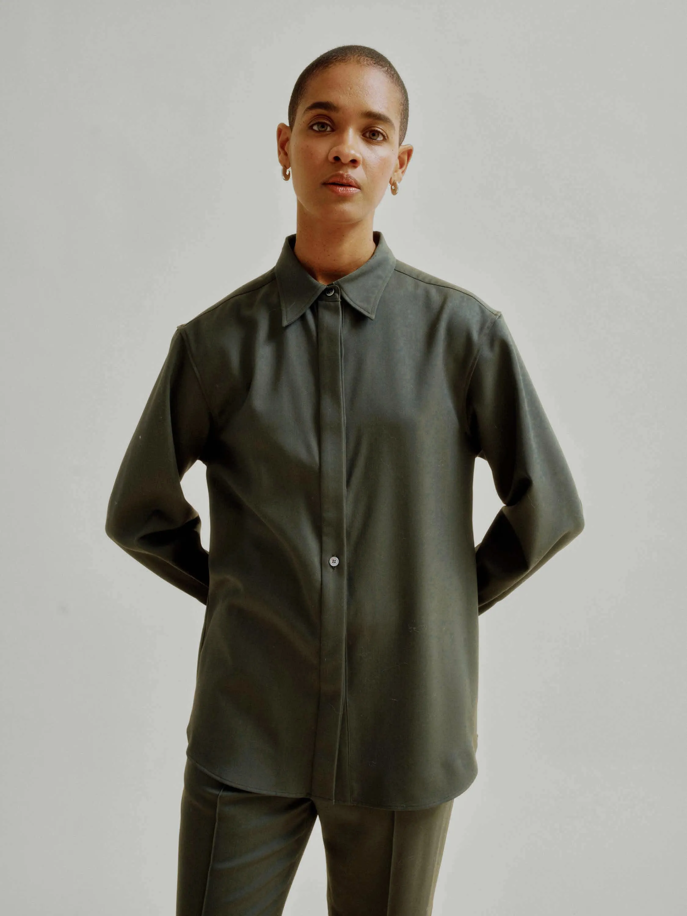 Slim Wool Shirt in Sap Green sold by Sayaka Davis