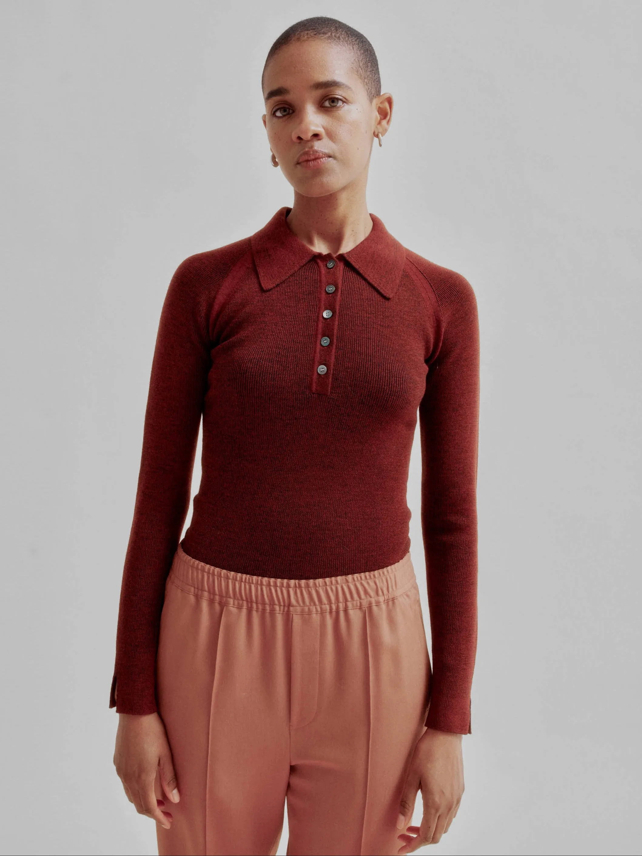 Combo Ribbed Polo in Rust x Navy sold by Sayaka Davis