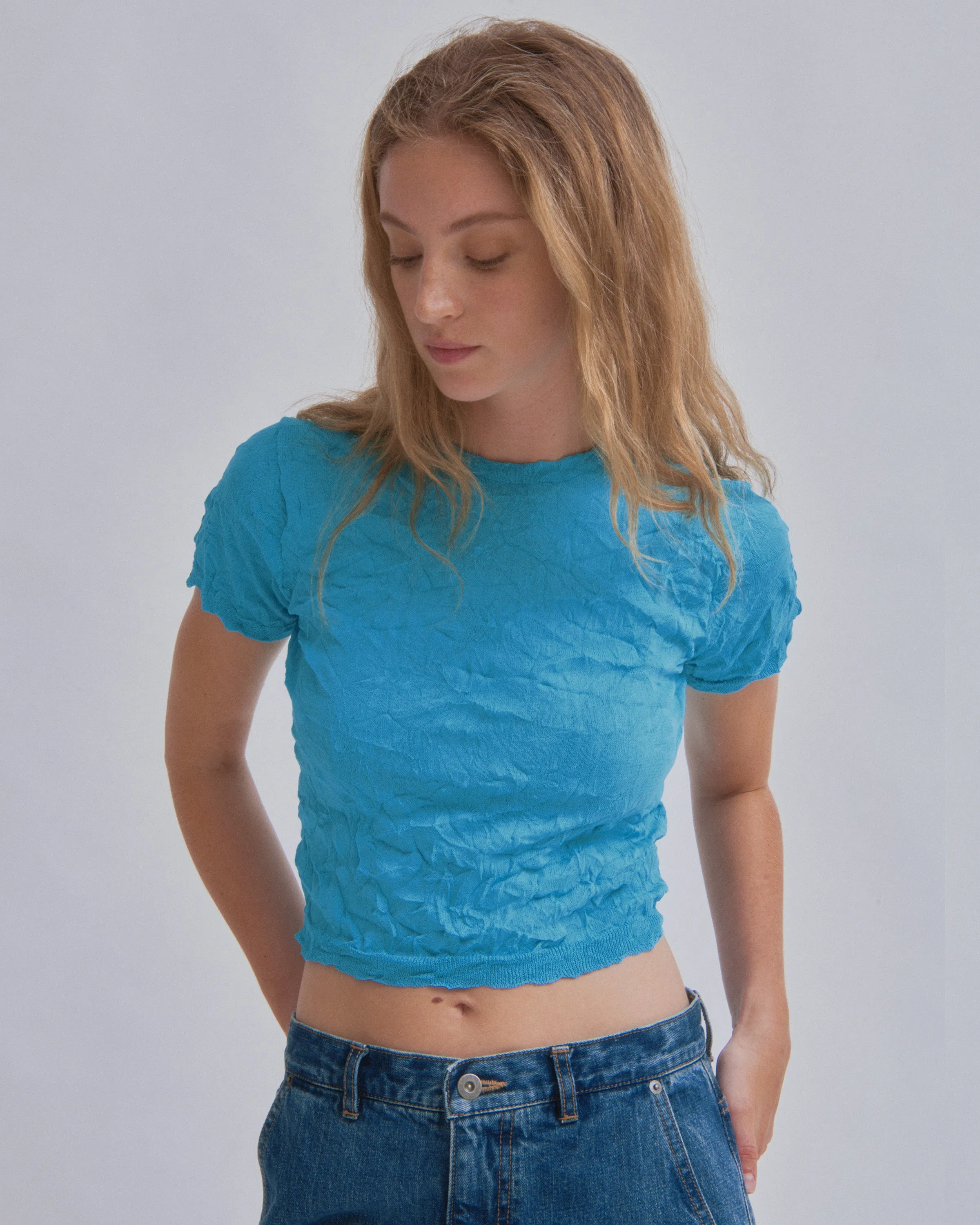 Crinkled Petite Knit Tee in Teal sold by Sayaka Davis product image thumbnail 3