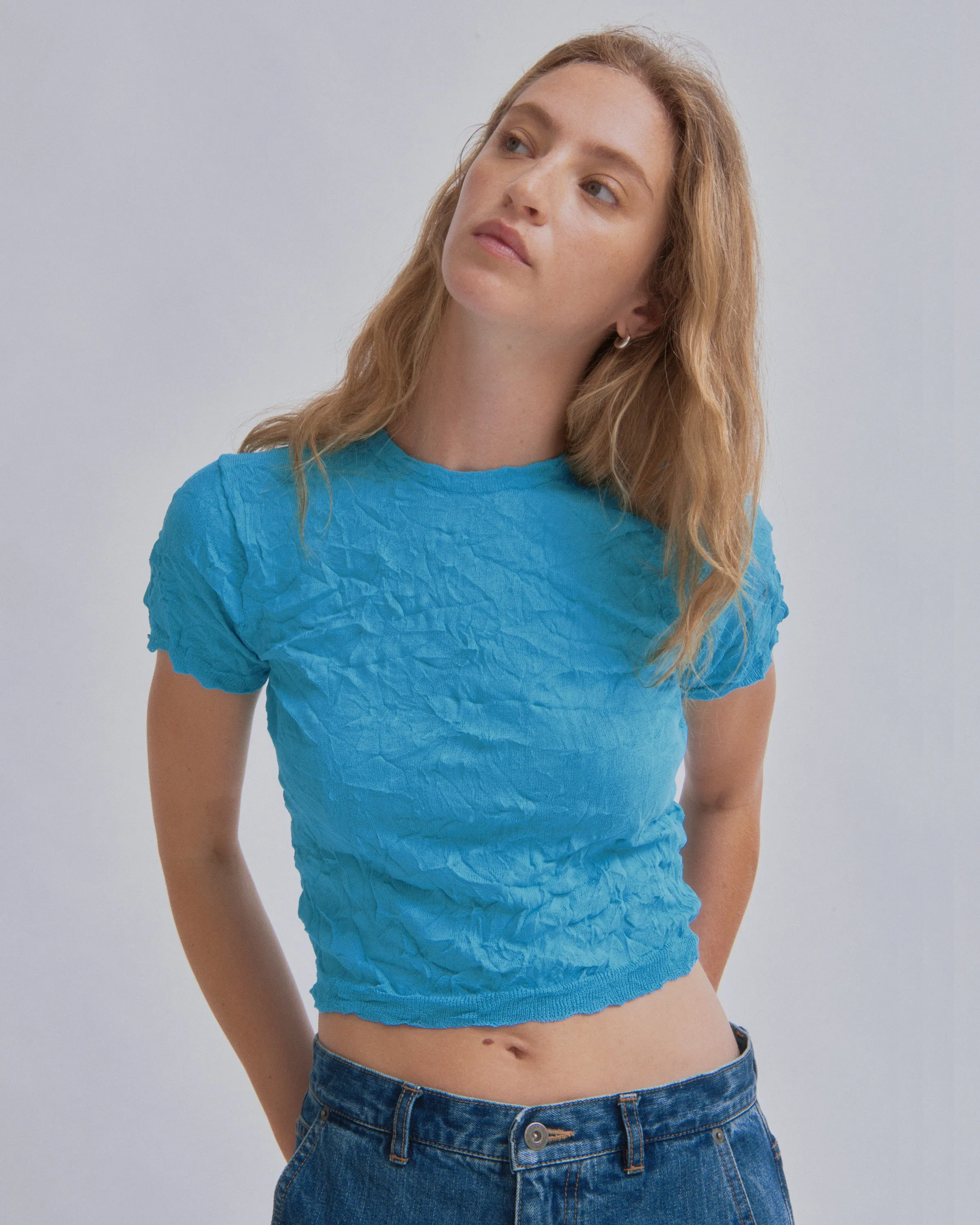 Crinkled Petite Knit Tee in Teal sold by Sayaka Davis