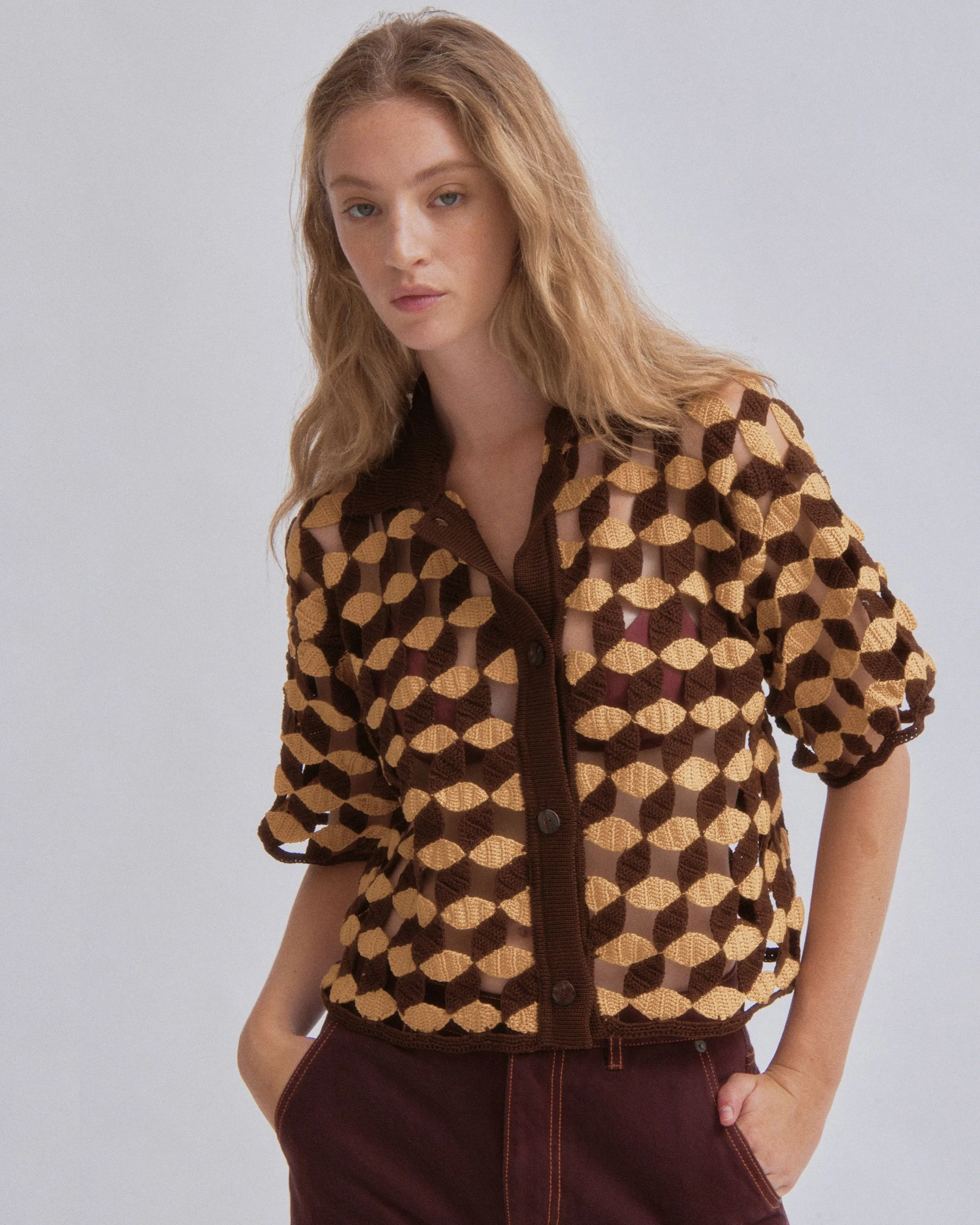 Crochet Camp Shirt in Sun x Wood sold by Sayaka Davis