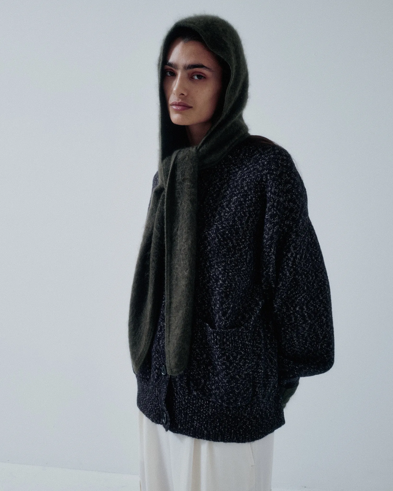 JP PRE HOODED CASHMERE SCARF IN OLIVE sold by Sayaka Davis