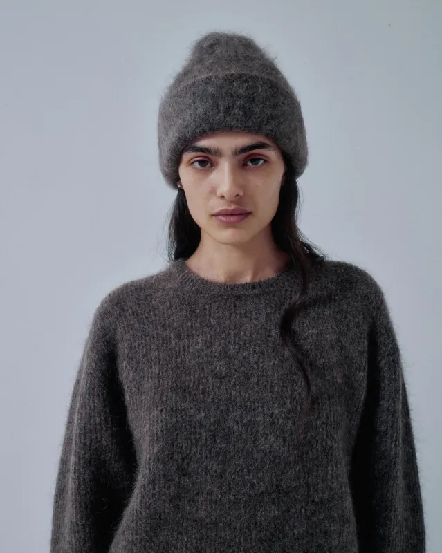 JP PRE BRUSHED MOHAIR BEANIE IN ASH BROWN made by Sayaka Davis