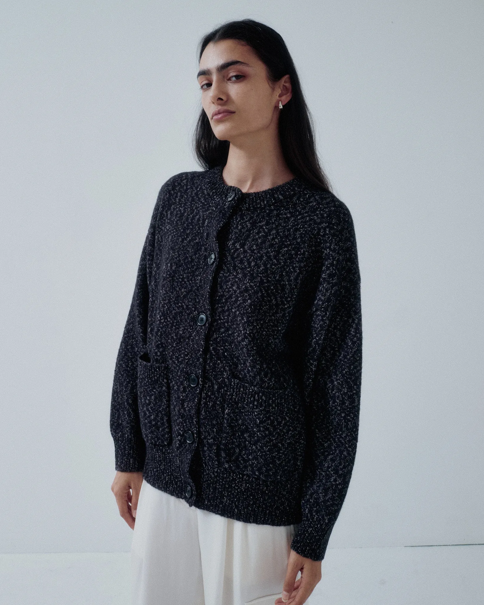 JP PRE TWEED YARN CARDIGAN IN SPECKLED BLACK sold by Sayaka Davis