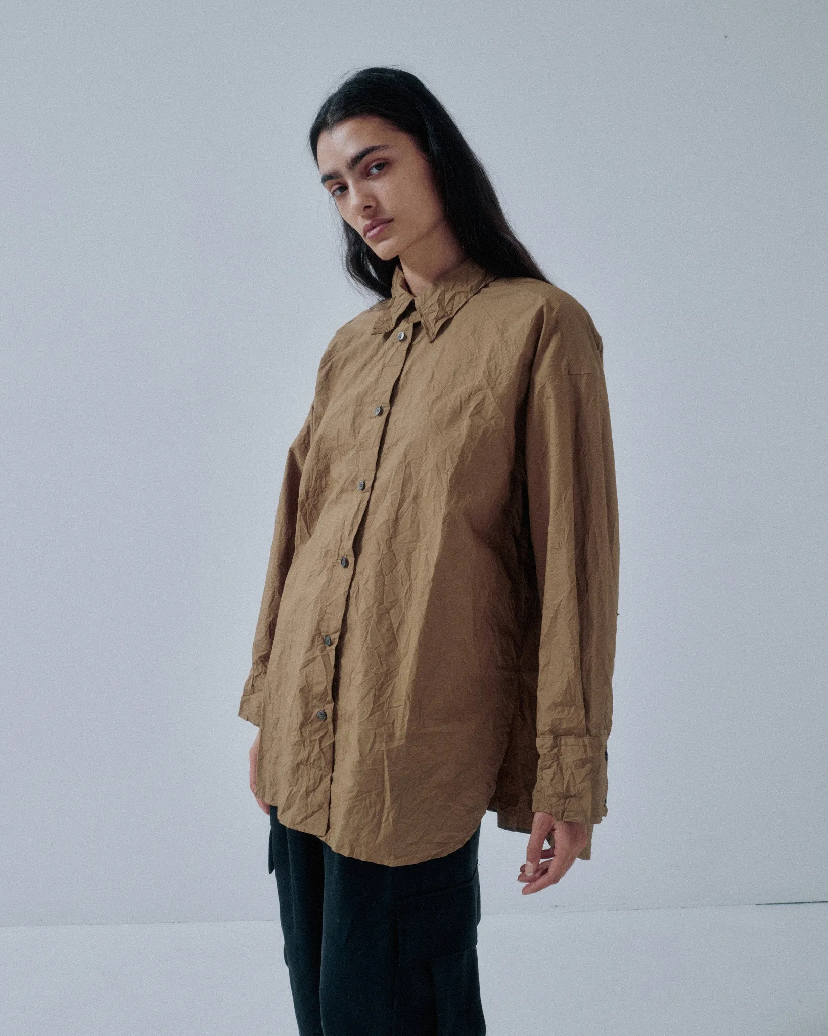JP PRE CRINKLED OVERSIZED SHIRT IN WALNUT sold by Sayaka Davis