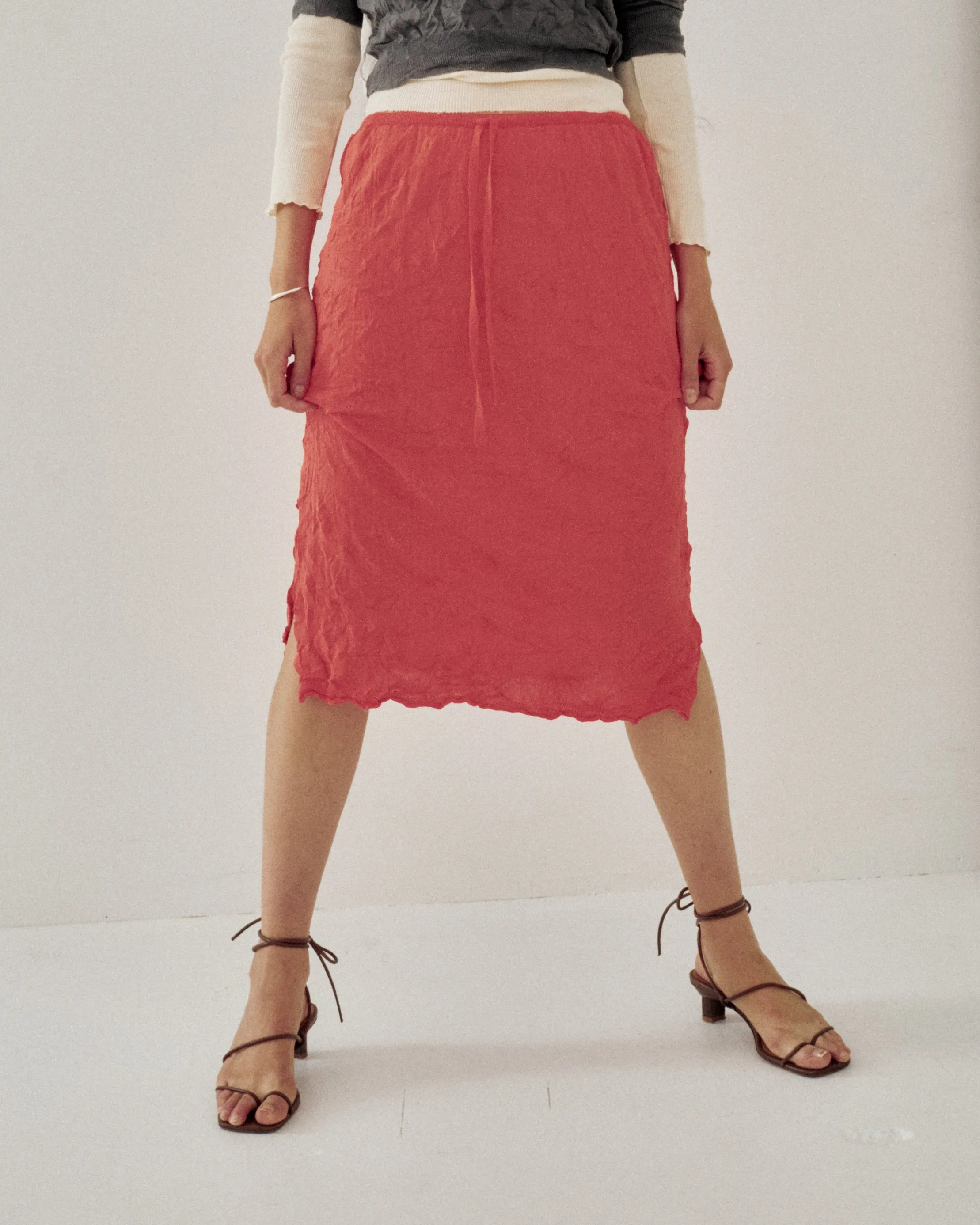 Crinkled Knit Skirt in Poppy Red sold by Sayaka Davis