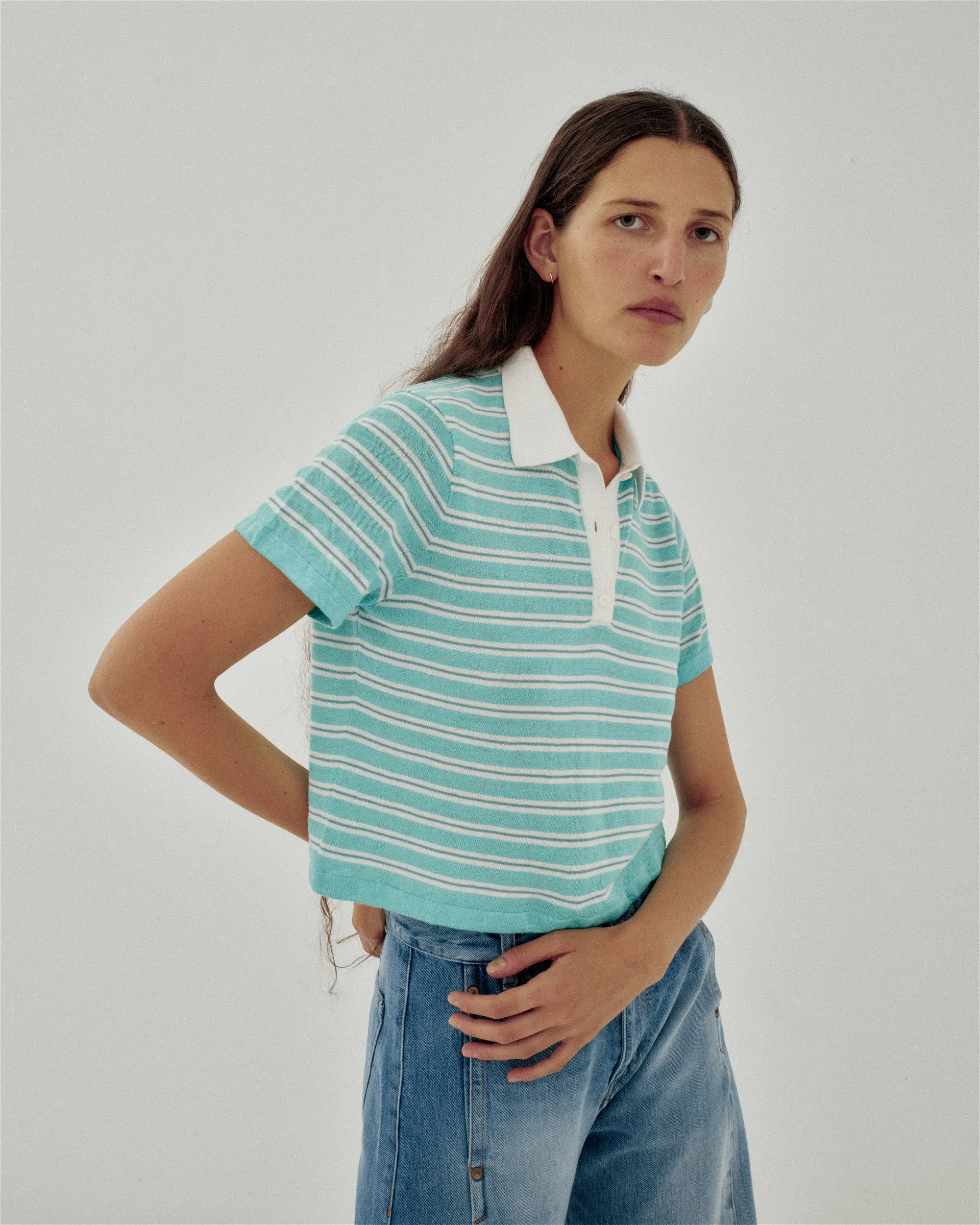 Striped Knit Polo in Spearmint sold by Sayaka Davis