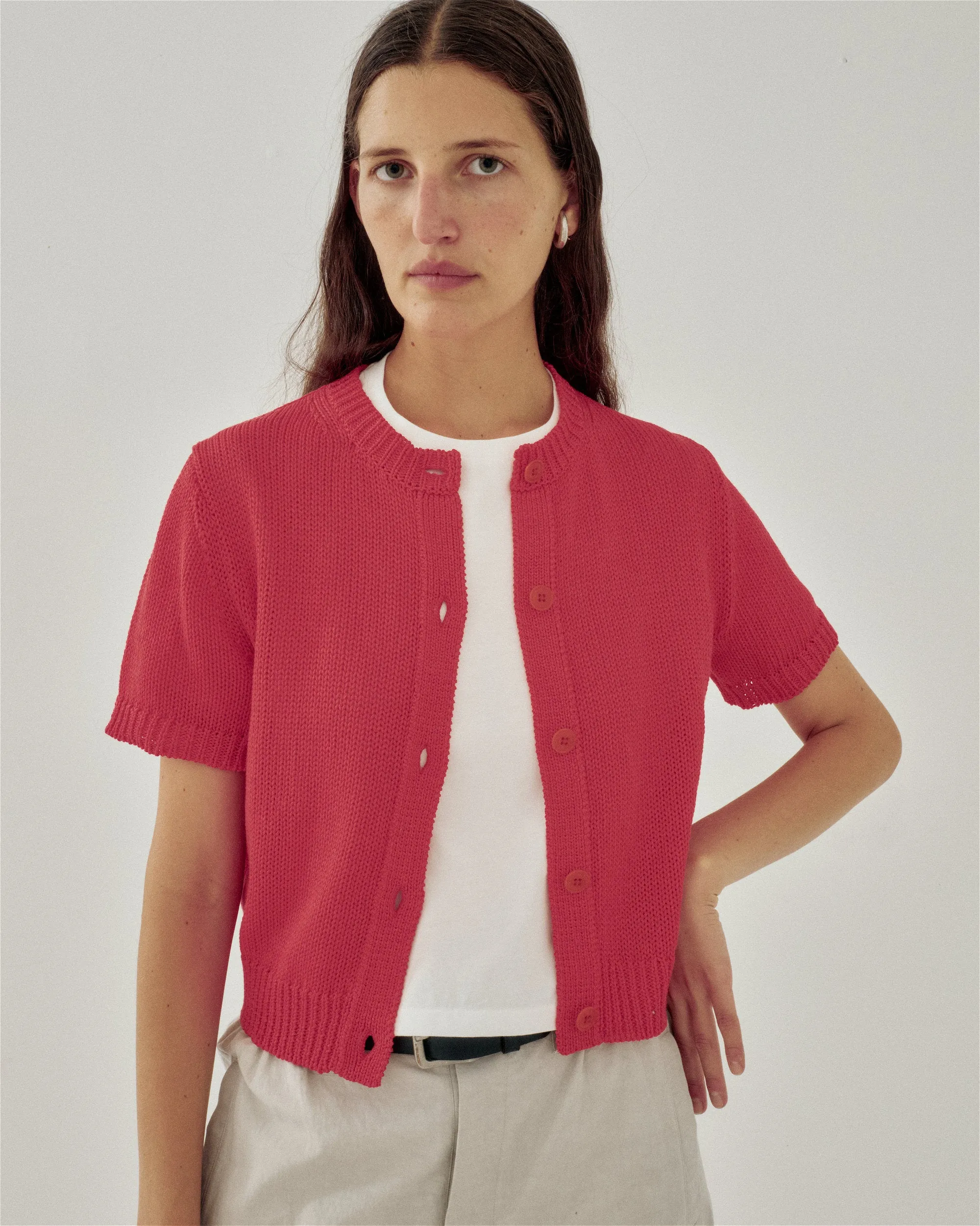 TAPE YARN CARDIGAN IN VERMILION sold by Sayaka Davis