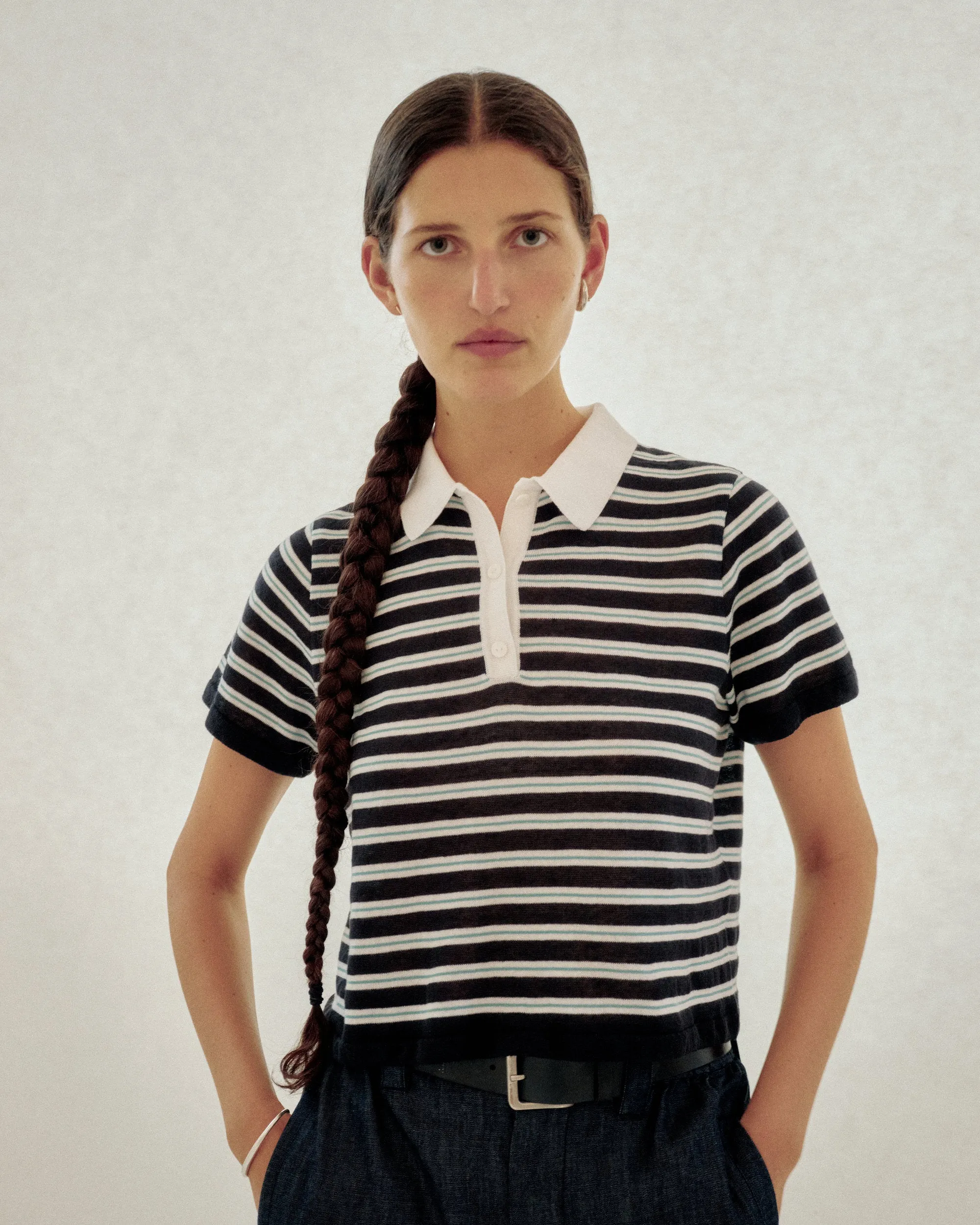 STRIPED KNIT POLO IN NAVY sold by Sayaka Davis