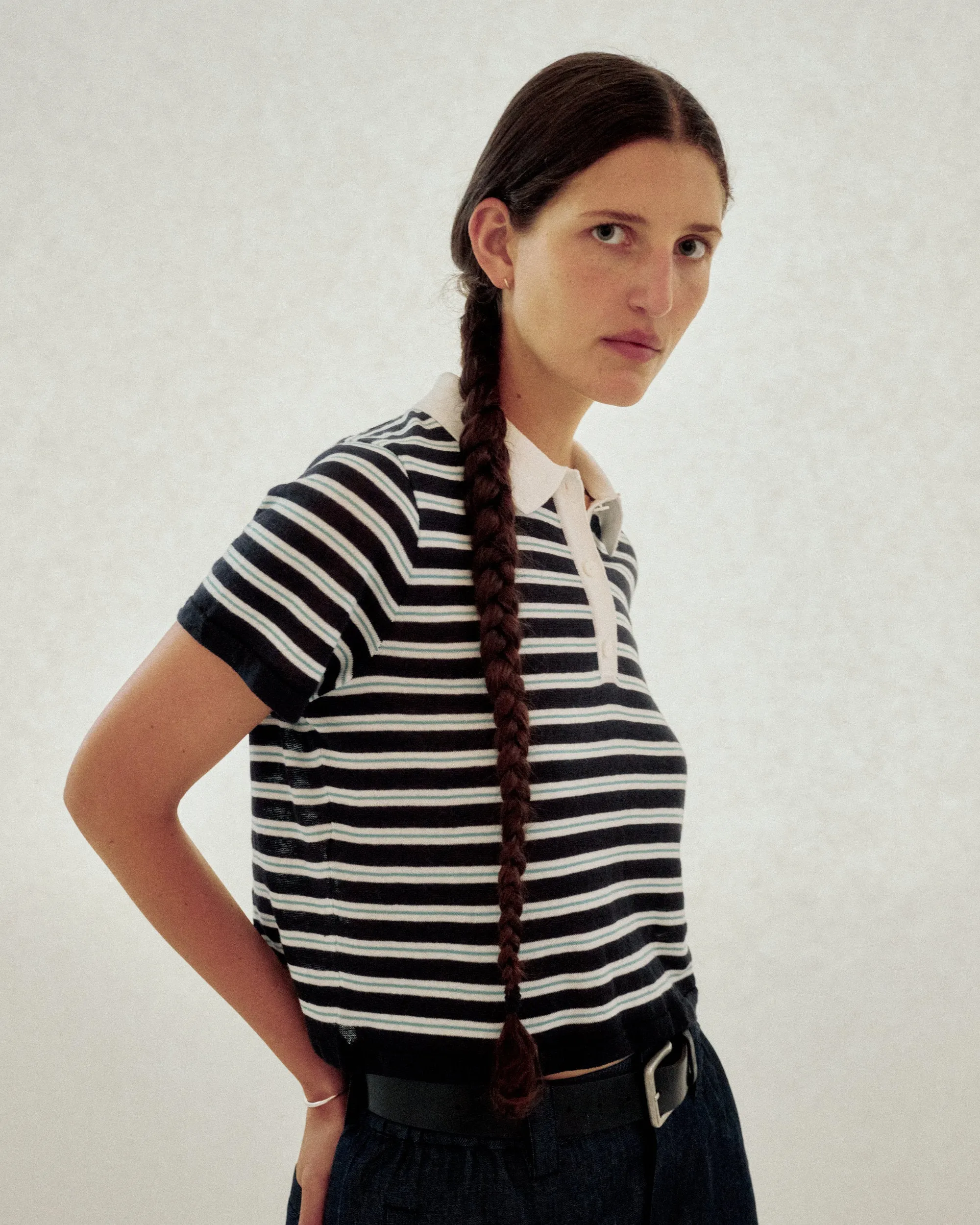 STRIPED KNIT POLO IN NAVY sold by Sayaka Davis product image thumbnail 2