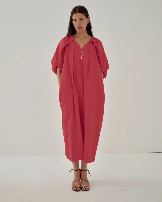 TUCKED COCOON DRESS IN VERMILION made by Sayaka Davis