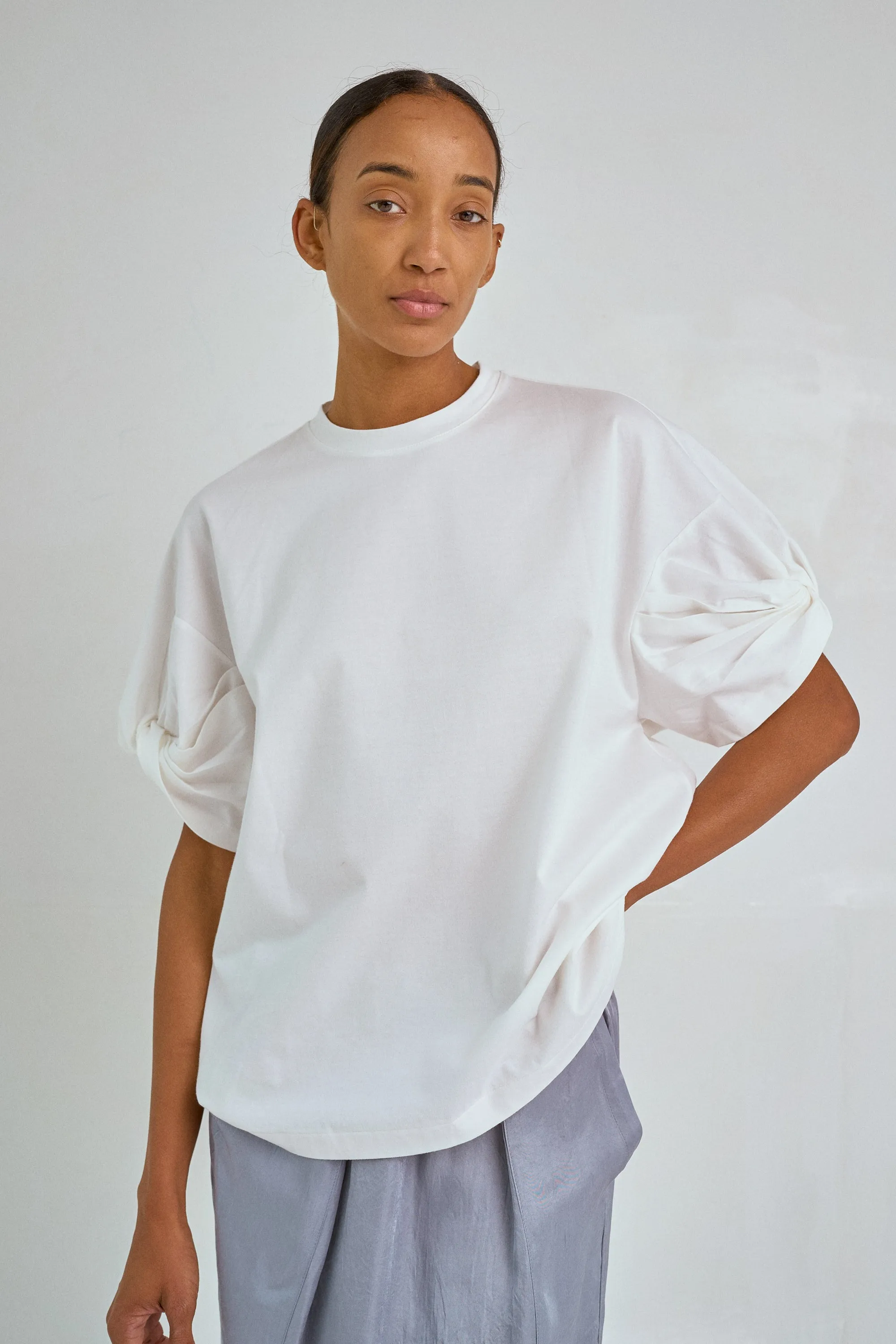 Oversized Twisted Sleeve Tee in White sold by Sayaka Davis product image thumbnail 2