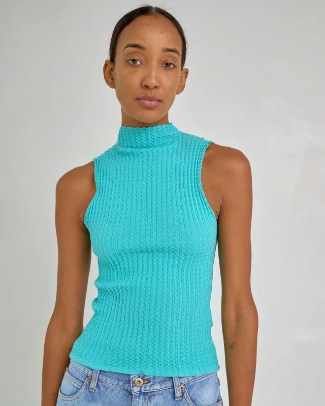 Wavy Rib Mockneck Tank in Cyan made by Sayaka Davis