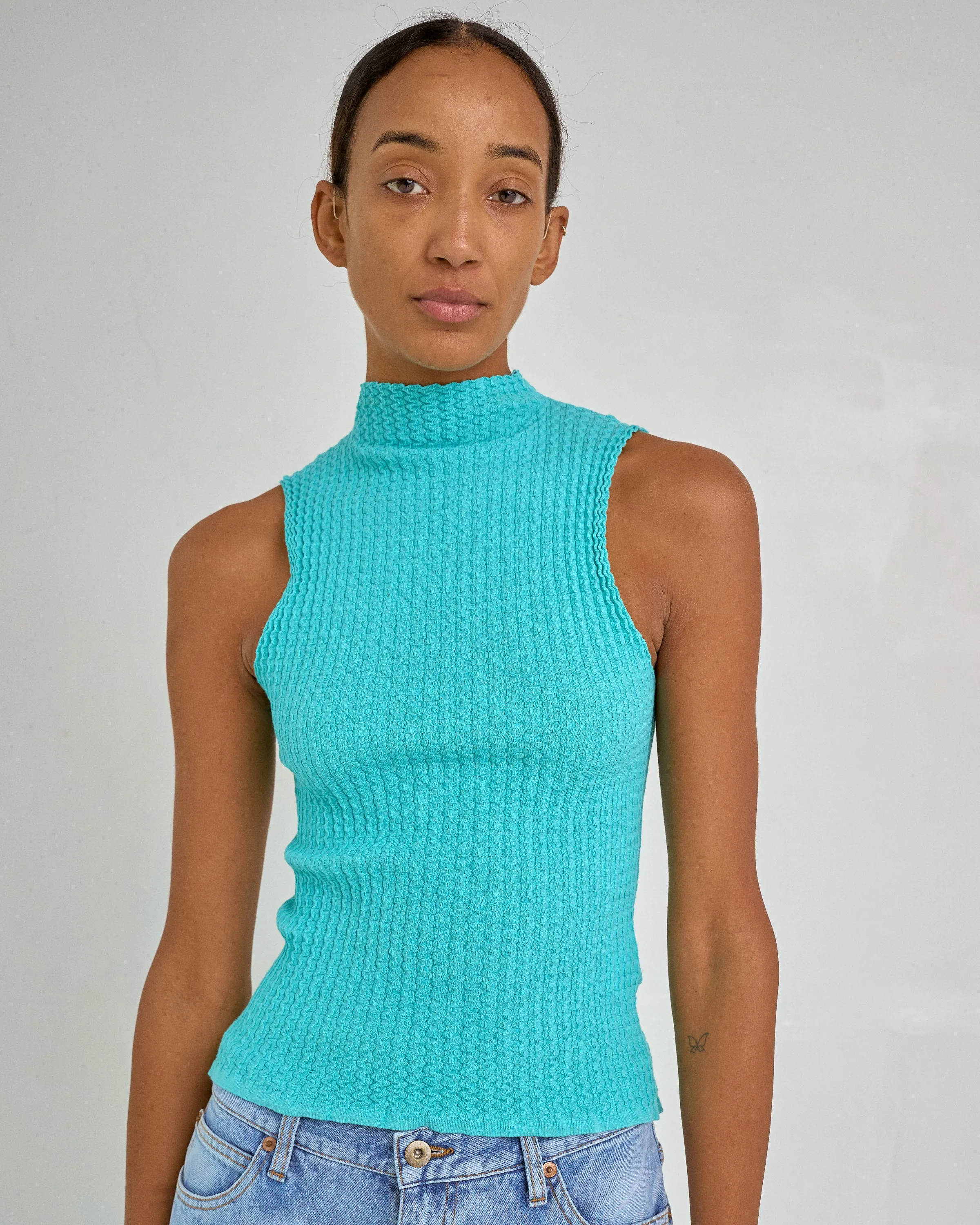 Wavy Rib Mockneck Tank in Cyan sold by Sayaka Davis