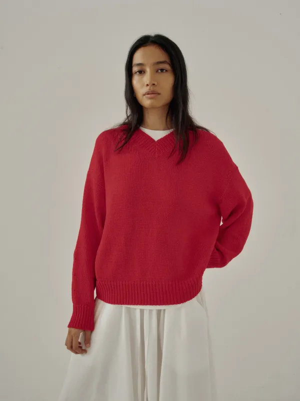 Us Pre V-Neck Cotton Sweater in Red made by Sayaka Davis