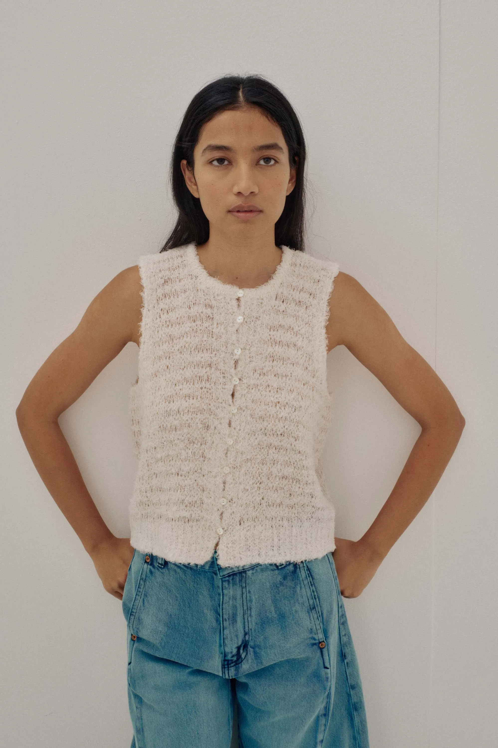 Us Pre Linen Fur Vest in Ecru sold by Sayaka Davis