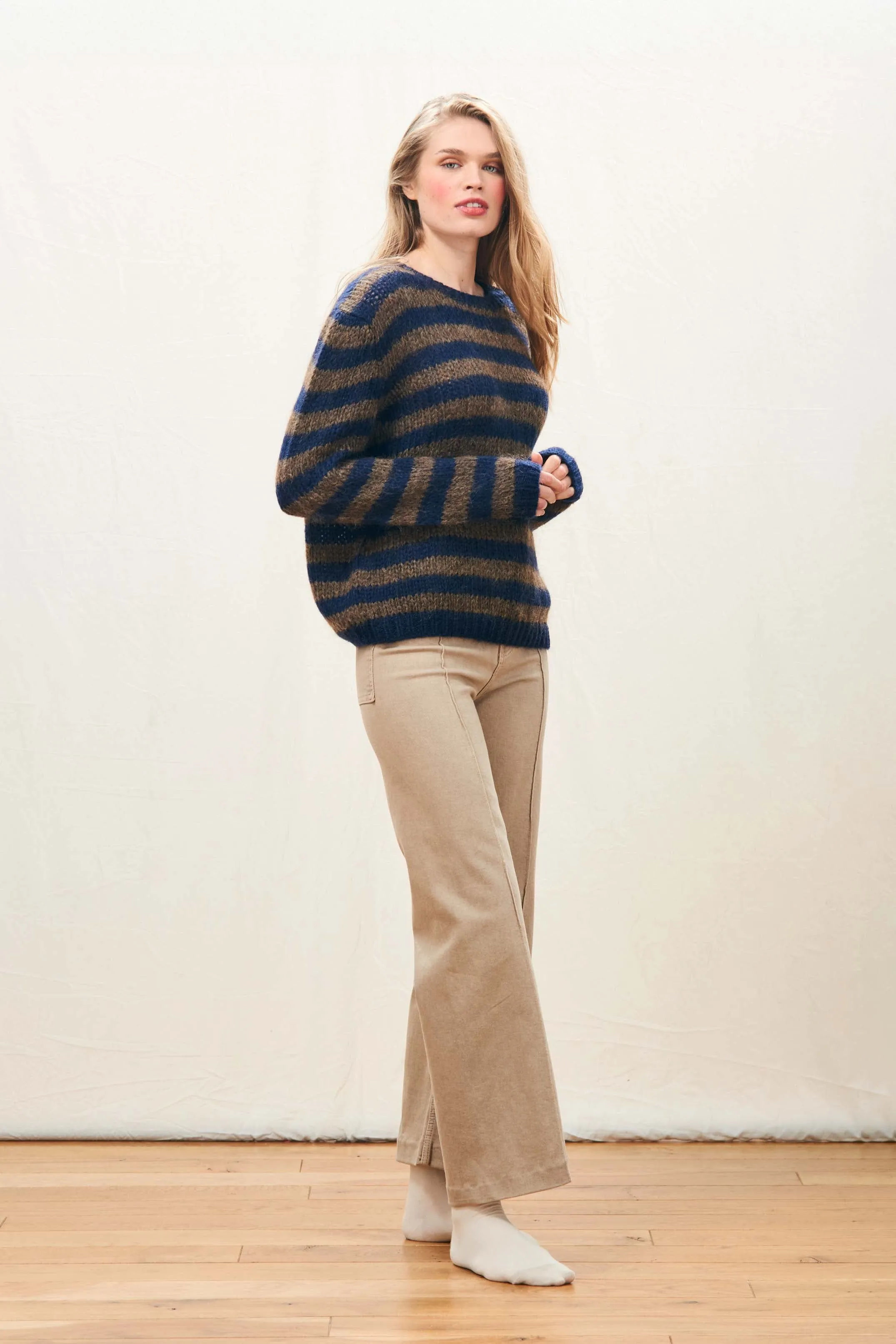 Hand Knit Stripe Crew in Navy and Chocolate sold by Jumper 1234 product image thumbnail 2