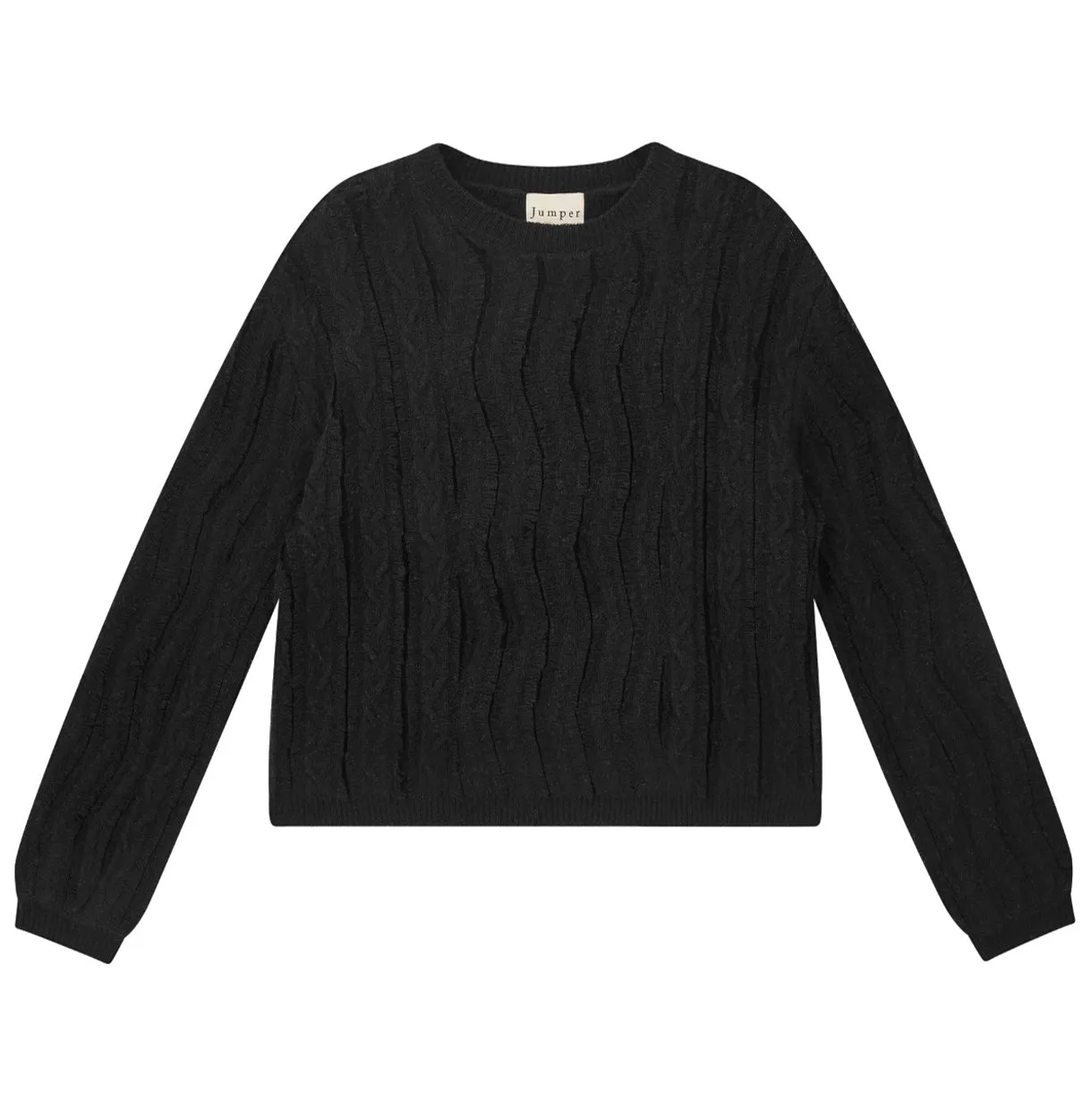 Cashmere Wool Raw Cut Cable Crew in Black sold by Jumper 1234