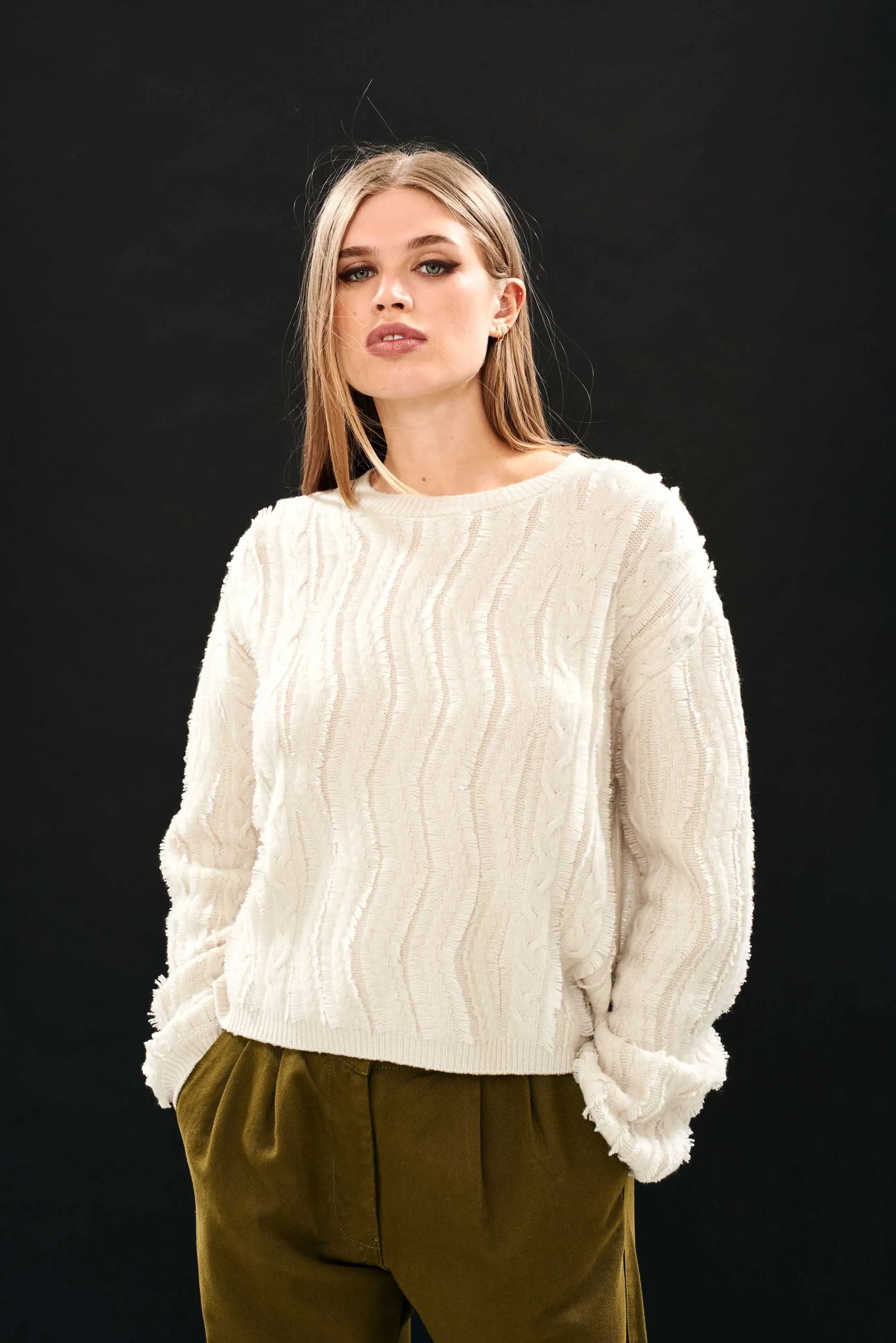 Cashmere Wool Raw Cut Cable Crew in Stone sold by Jumper 1234 product image thumbnail 2