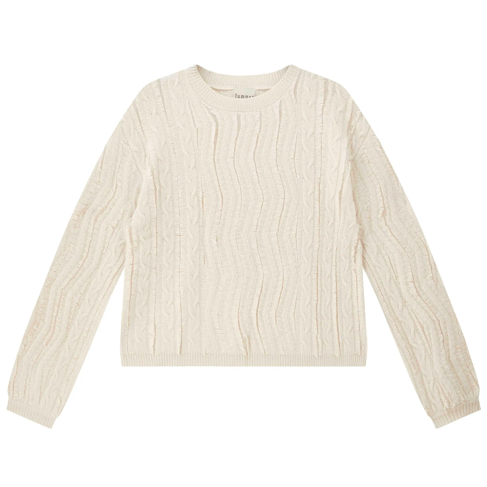 Cashmere Wool Raw Cut Cable Crew in Stone sold by Jumper 1234