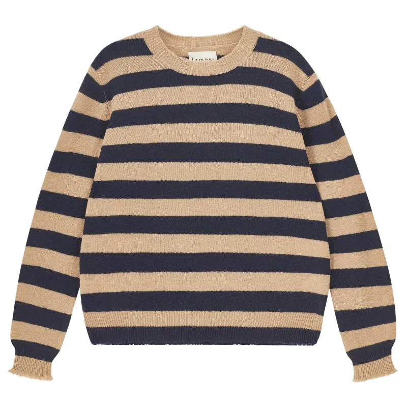 Cashmere Stripe Distressed Crew in Camel and Navy made by Jumper 1234