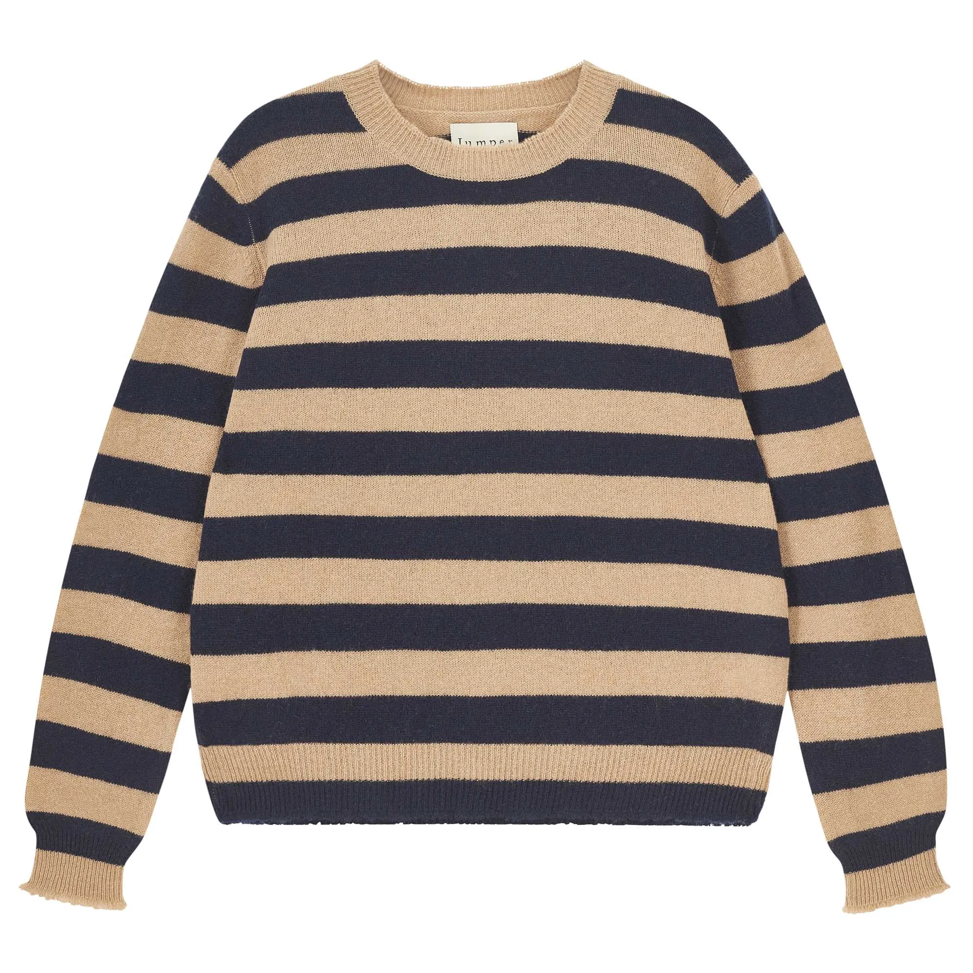 Cashmere Stripe Distressed Crew in Camel and Navy sold by Jumper 1234
