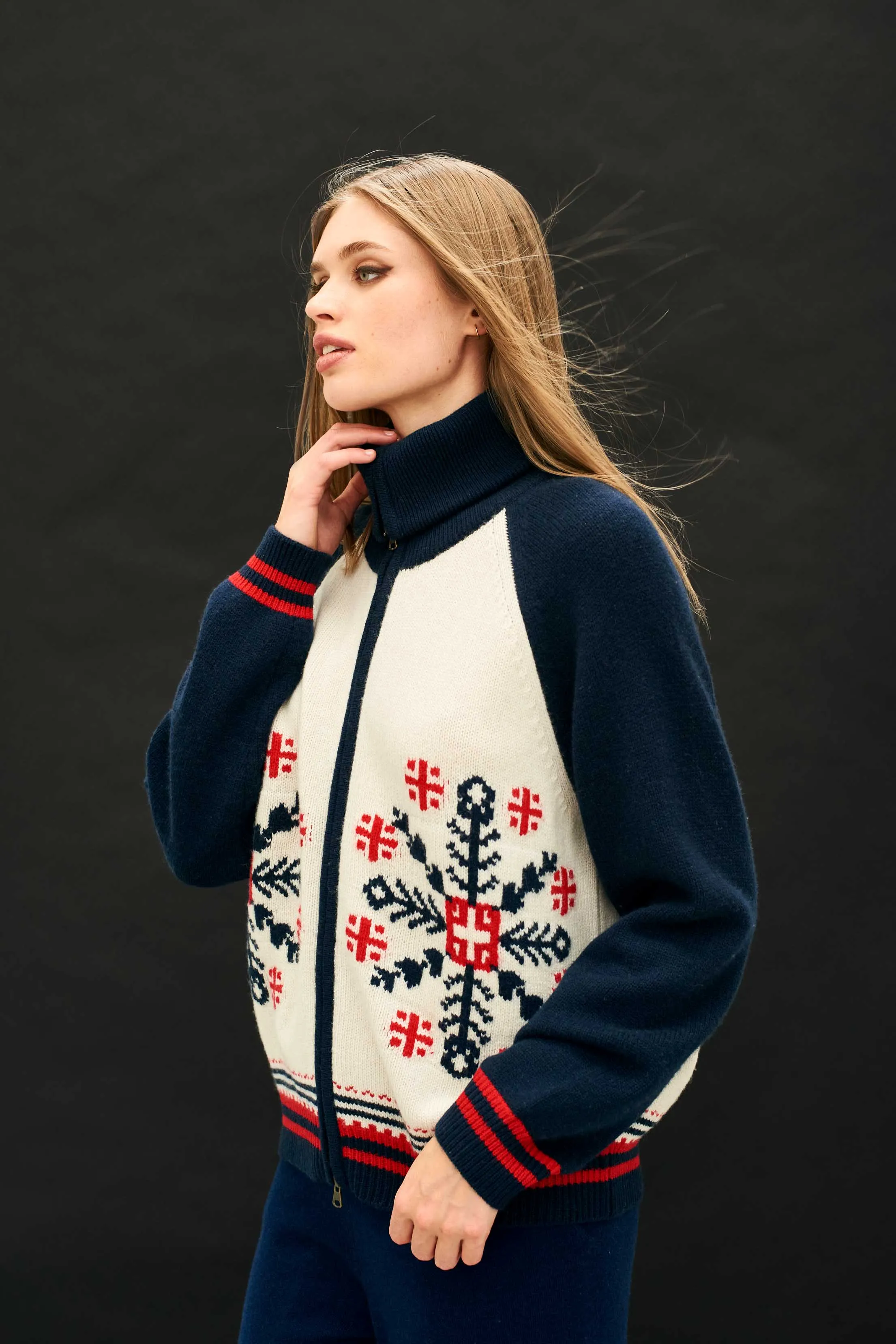 Cashmere Wool Snowflake Zip Up in Cream and Navy sold by Jumper 1234 product image thumbnail 2