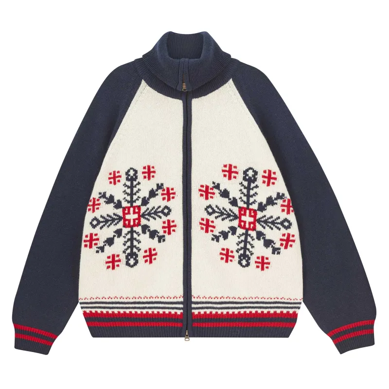 Cashmere Wool Snowflake Zip Up in Cream and Navy sold by Jumper 1234