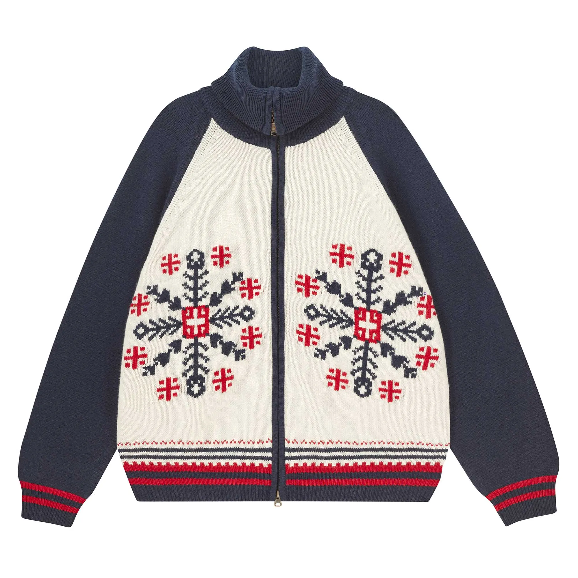 Cashmere Wool Snowflake Zip Up in Cream and Navy sold by Jumper 1234