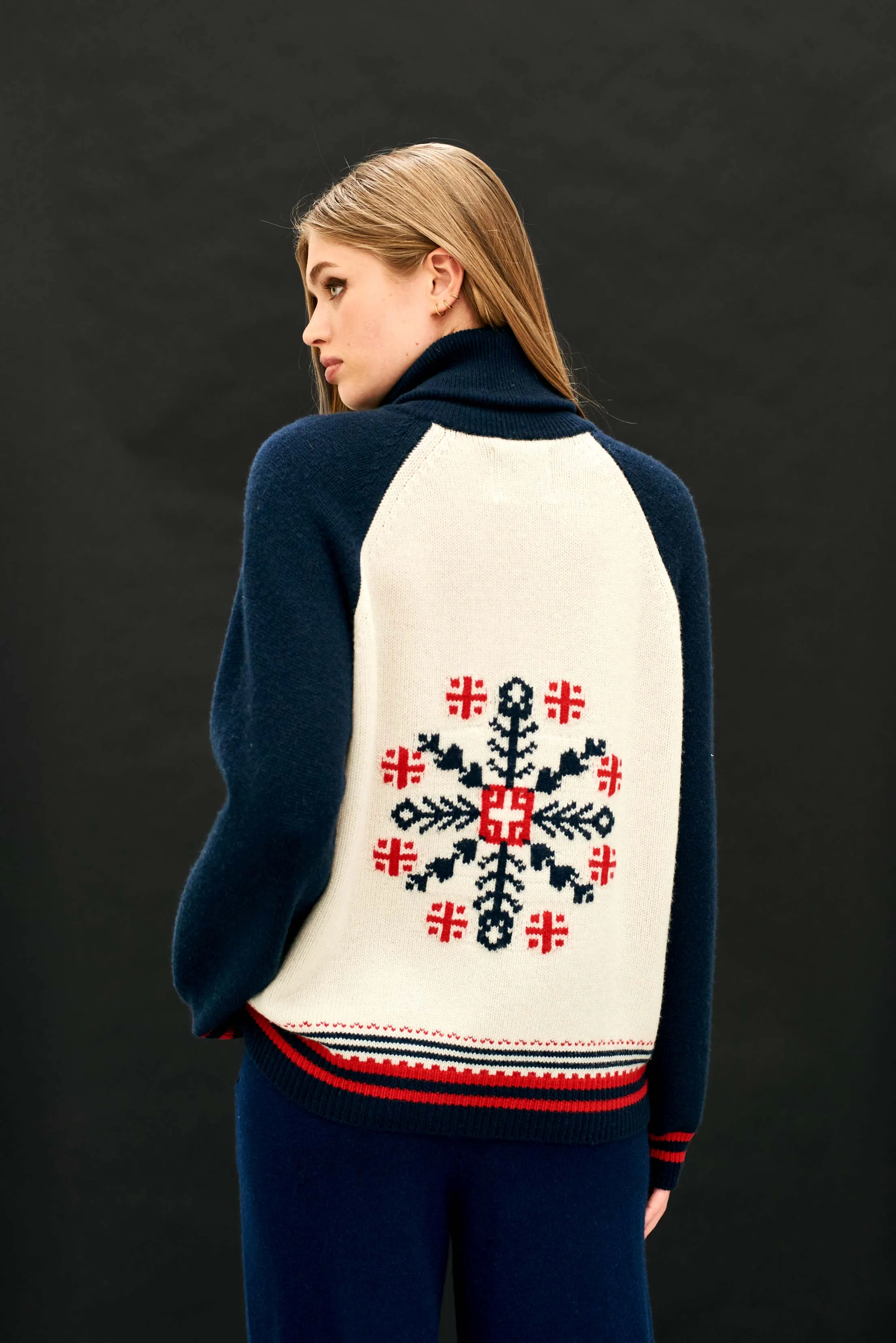 Cashmere Wool Snowflake Zip Up in Cream and Navy sold by Jumper 1234 product image thumbnail 3