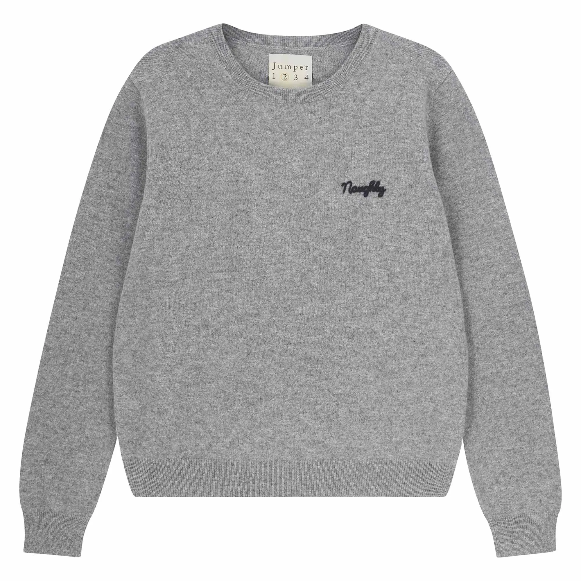 Cashmere Naughty Crew in Mid Grey and Navy sold by Jumper 1234