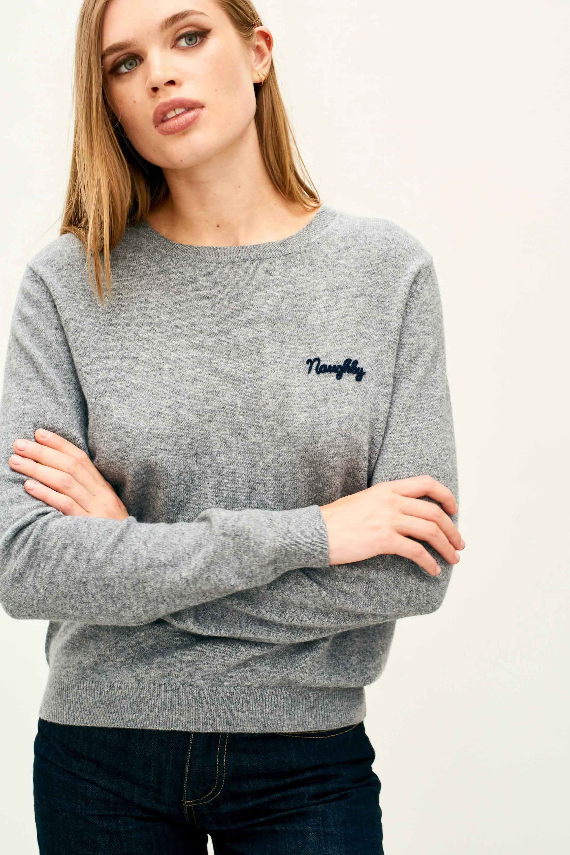 Cashmere Naughty Crew in Mid Grey and Navy sold by Jumper 1234 product image thumbnail 3