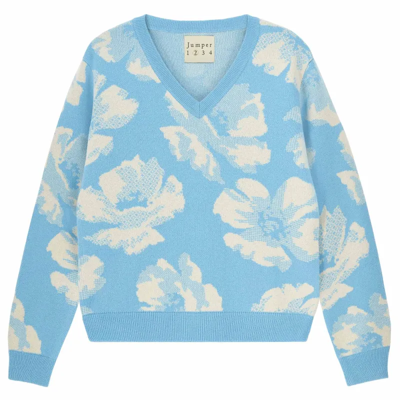 Cashmere Wool Geo Floral Vee in Aqua and Stone sold by Jumper 1234