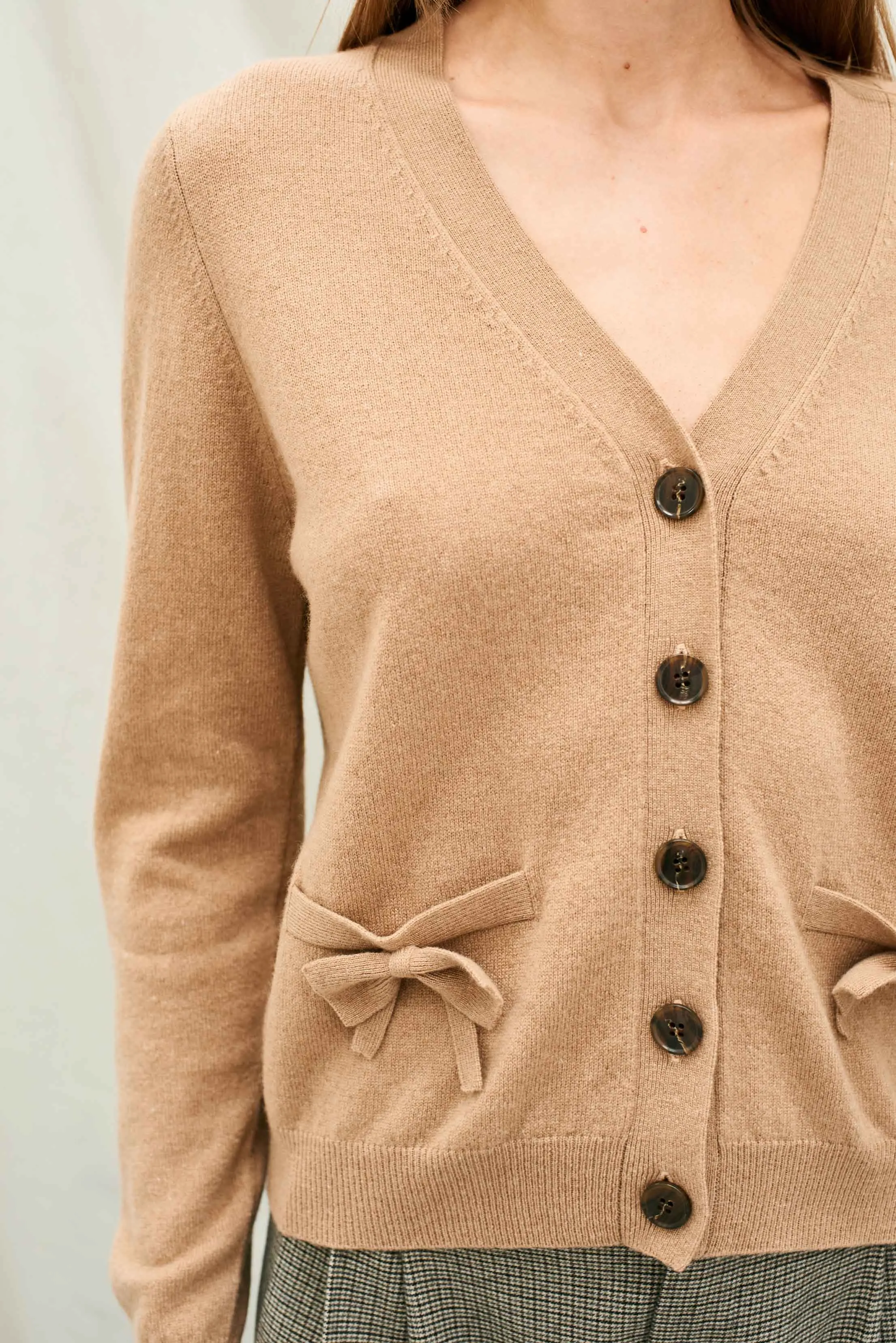 Cashmere Bow Pocket Cardigan in Camel sold by Jumper 1234 product image thumbnail 3