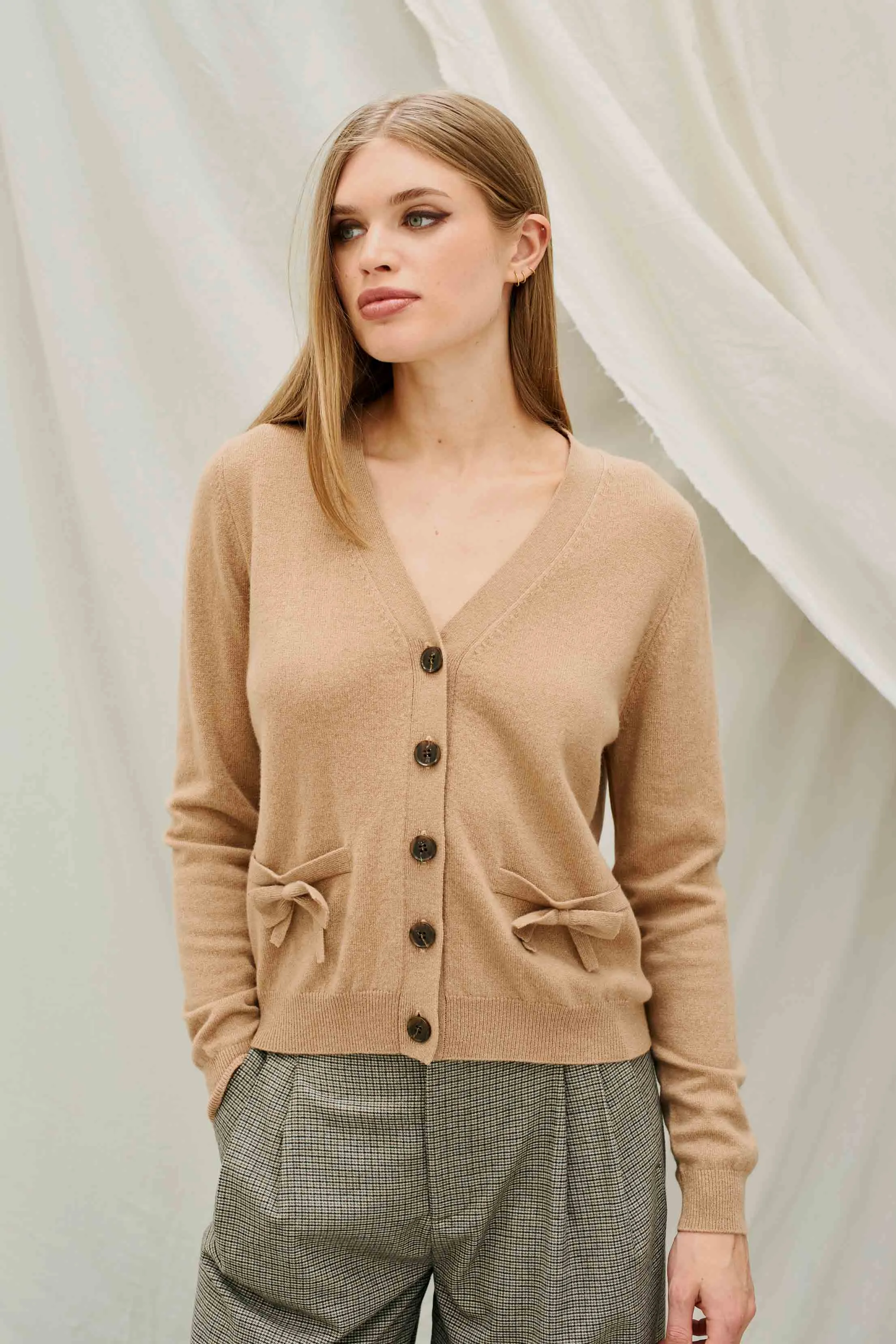 Cashmere Bow Pocket Cardigan in Camel sold by Jumper 1234 product image thumbnail 2