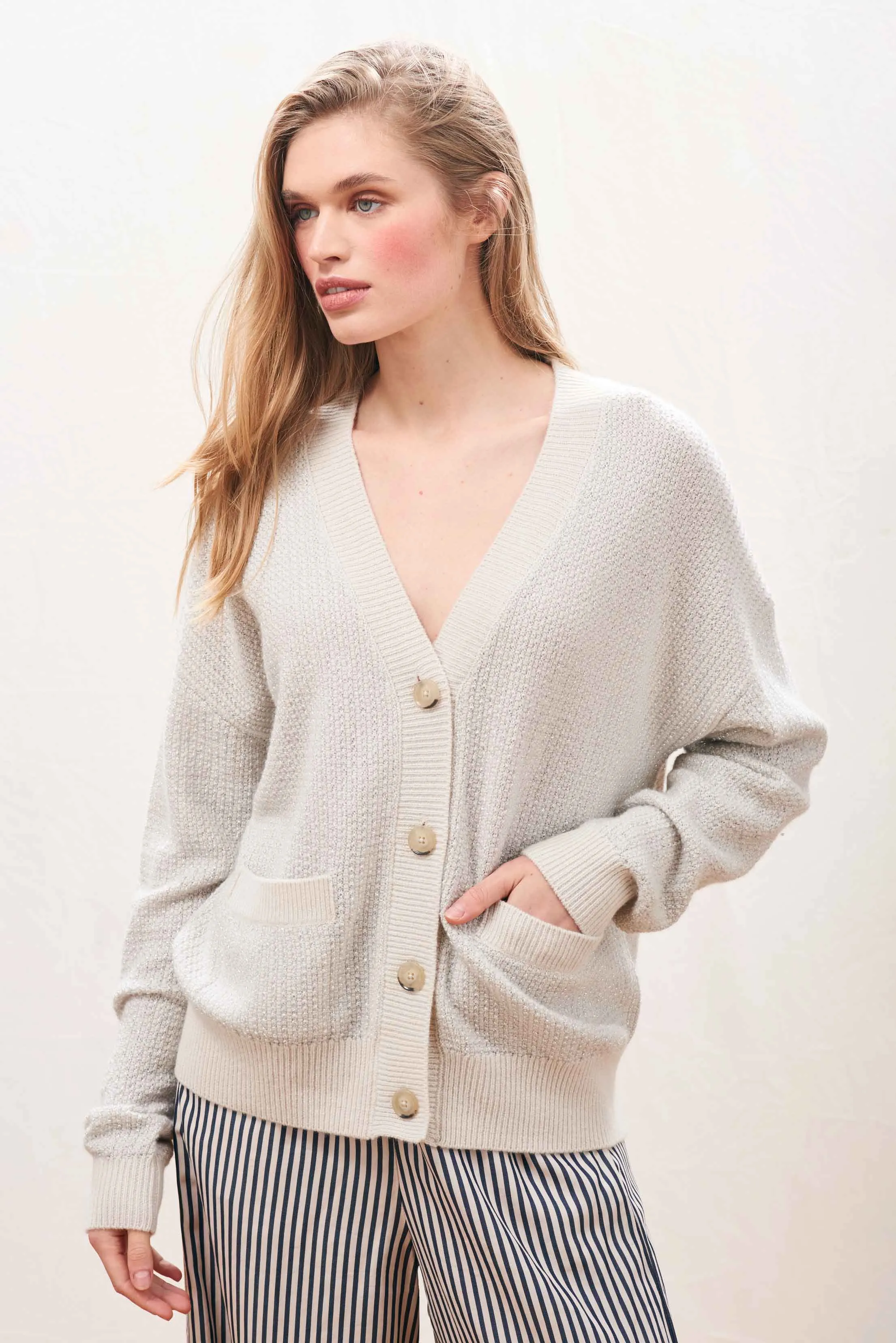 Cashmere Wool Lurex Birdseye Cardigan in Stone-and-Silver sold by Jumper 1234 product image thumbnail 2
