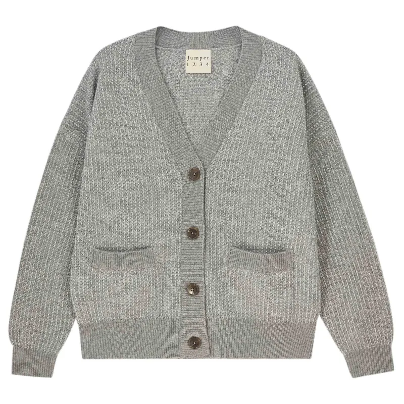 Cashmere Wool Lurex Birdseye Cardigan in Mid Grey and Silver sold by Jumper 1234